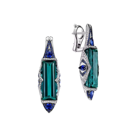 Серьги с турмалинами индиголитами, бриллиантами и сапфирами, белое золото