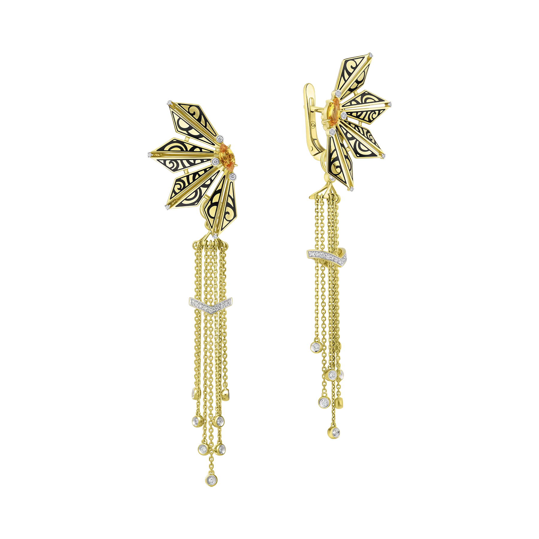 Серьги с желтыми сапфирами и бриллиантами, жёлтое золото, н.керамика