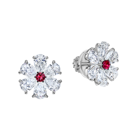 Пусеты с рубинами и бриллиантами, белое золото