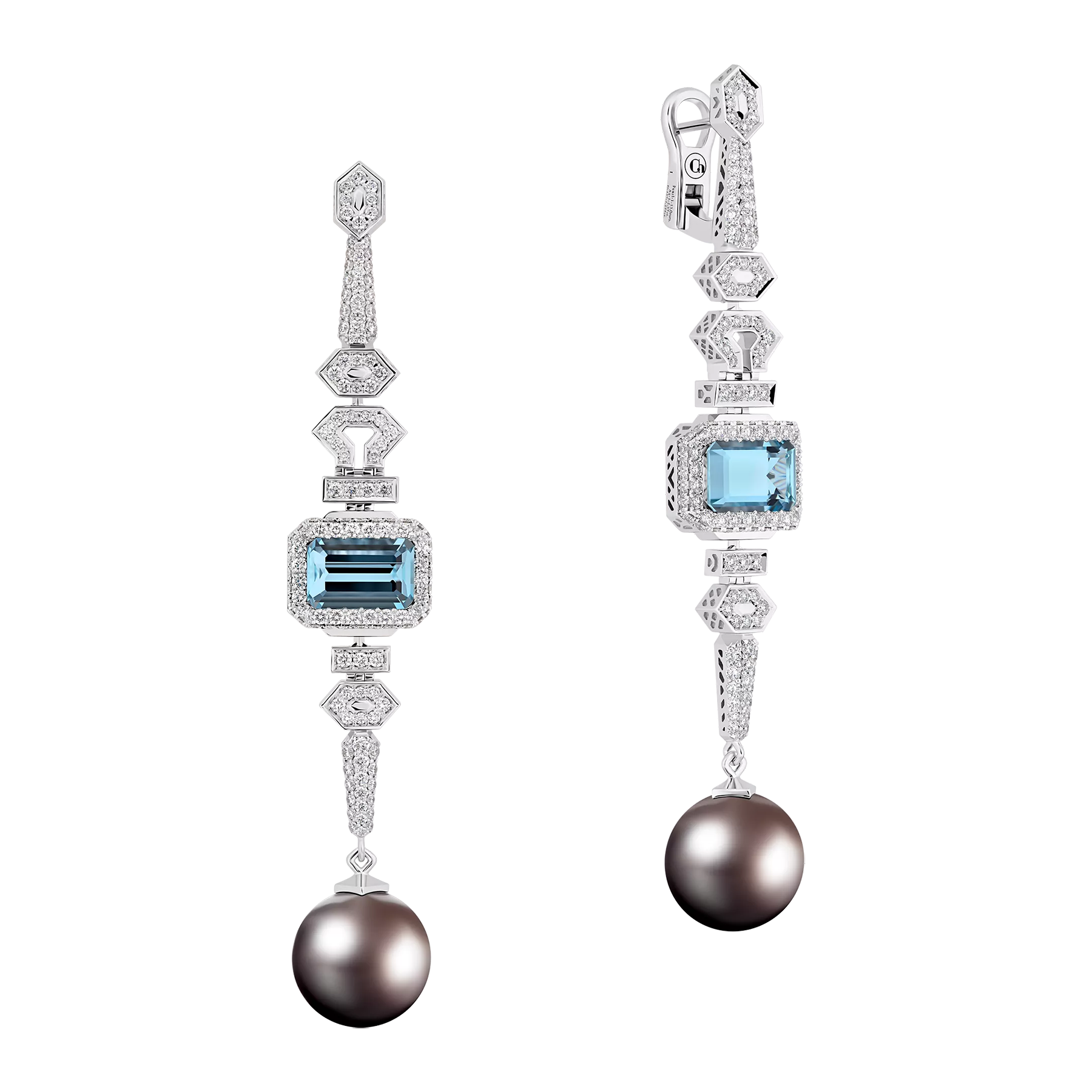 Серьги с аквамаринами, жемчугом и бриллиантами, белое золото