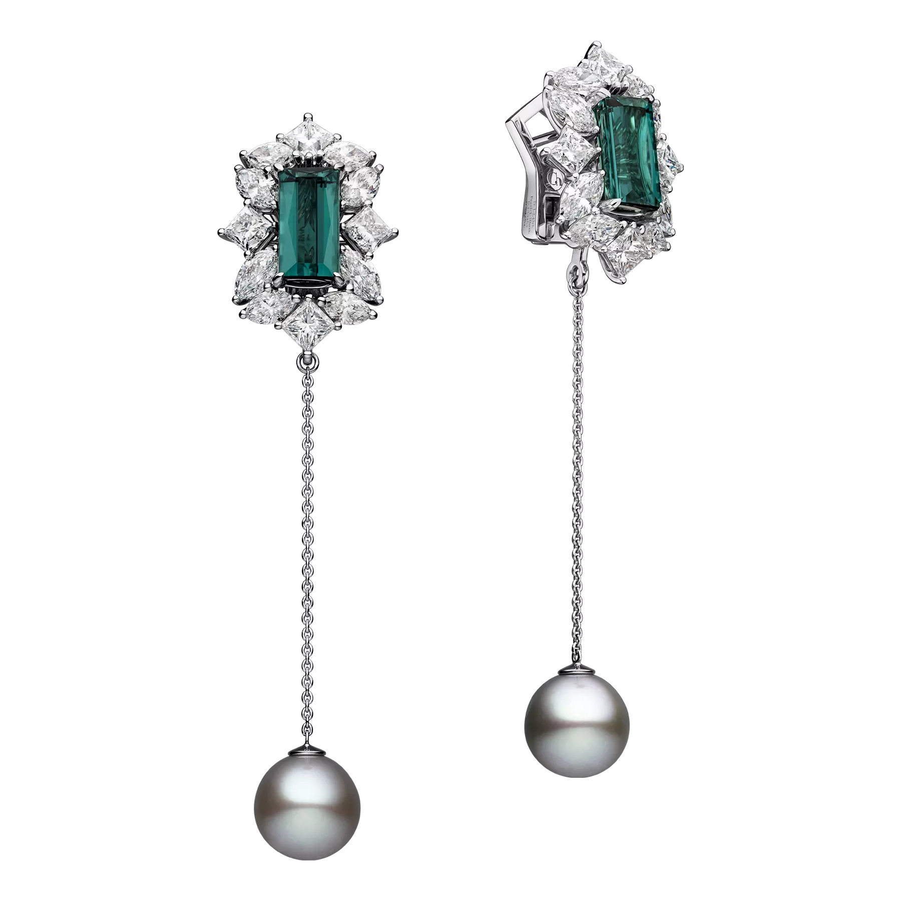 Серьги с турмалинами индиголитами, бриллиантами и жемчугом, белое золото