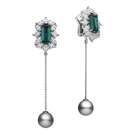 Серьги с турмалинами индиголитами, бриллиантами и жемчугом, белое золото
