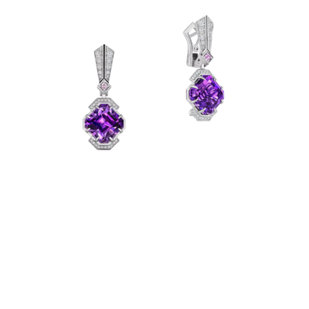 Серьги с аметистами, бриллиантами и розовыми сапфирами, белое золото 3