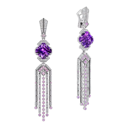 Серьги с аметистами, бриллиантами и розовыми сапфирами, белое золото