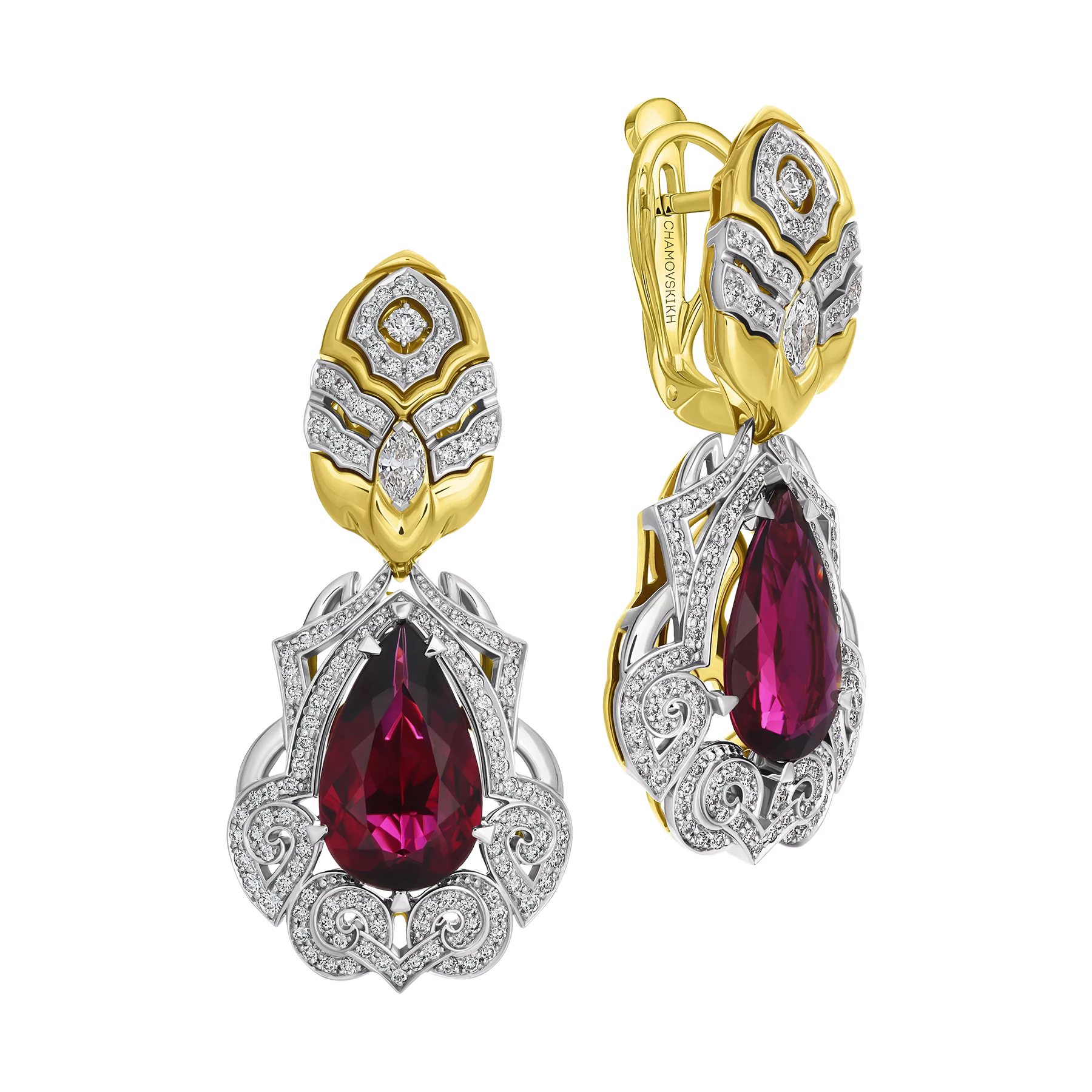 Серьги с рубеллитами и бриллиантами, желтое золото