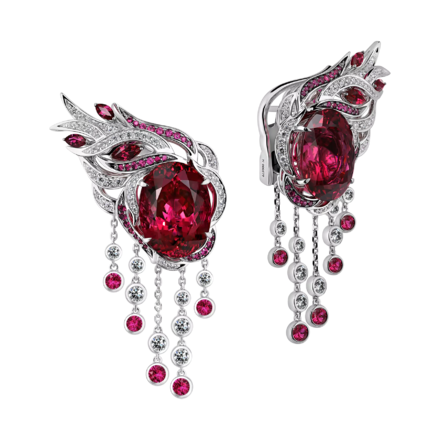 Серьги с рубеллитами, бриллиантами и рубинами, белое золото