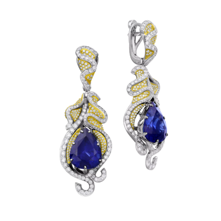 Серьги с сапфирами и бриллиантами, белое и желтое золото