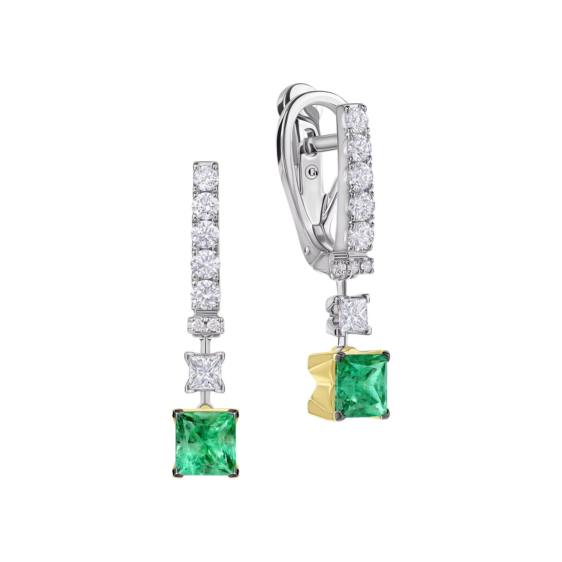 Серьги с изумрудами и бриллиантами, белое и жёлтое золото