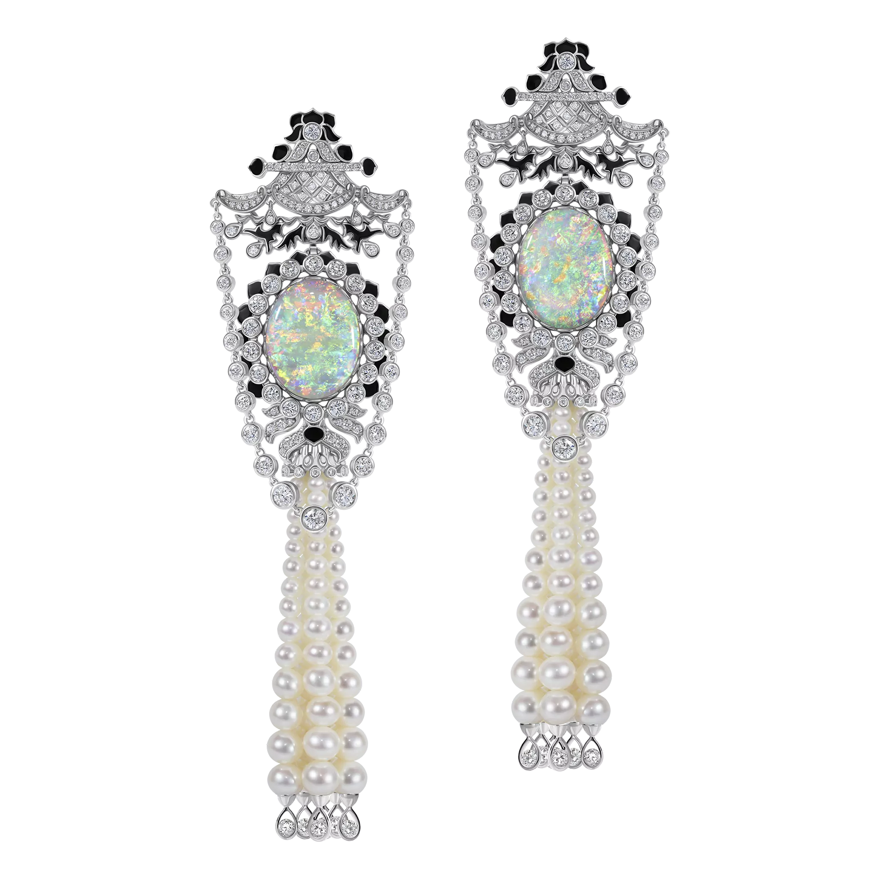 Серьги с опалами, бриллиантами и жемчугом, белое золото
