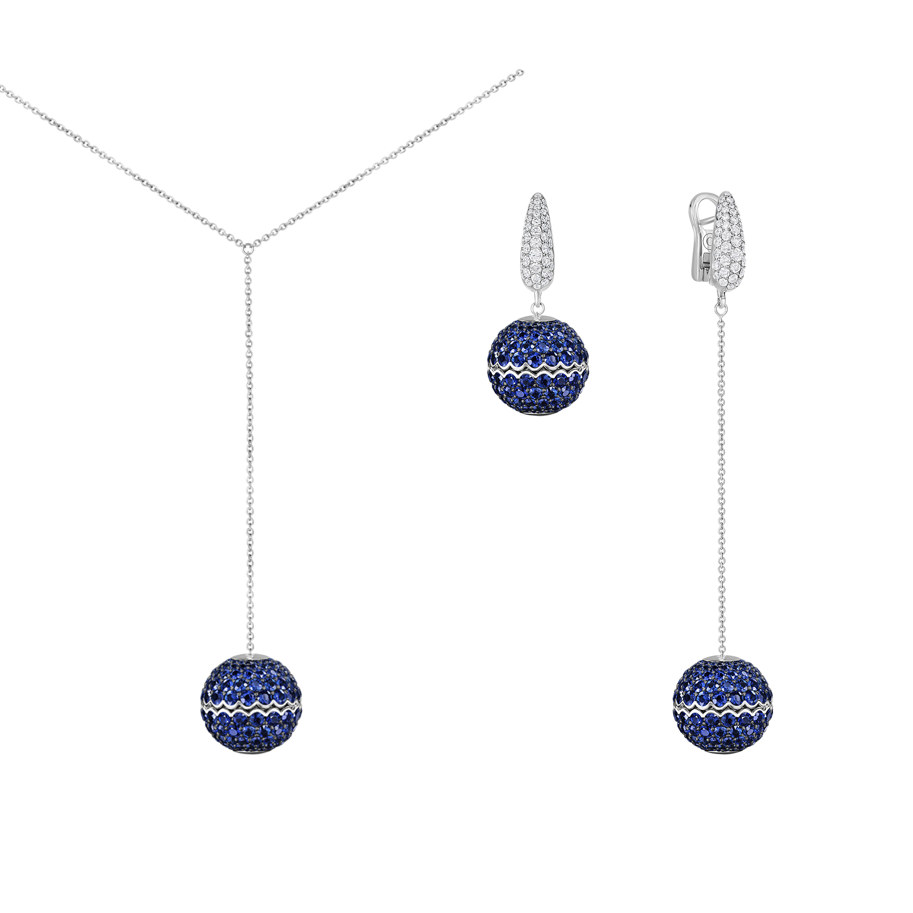 Сет с бриллиантами и сапфирами, белое золото
