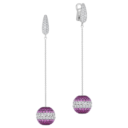 Серьги с бриллиантами, рубинами и розовыми сапфирами, белое золото