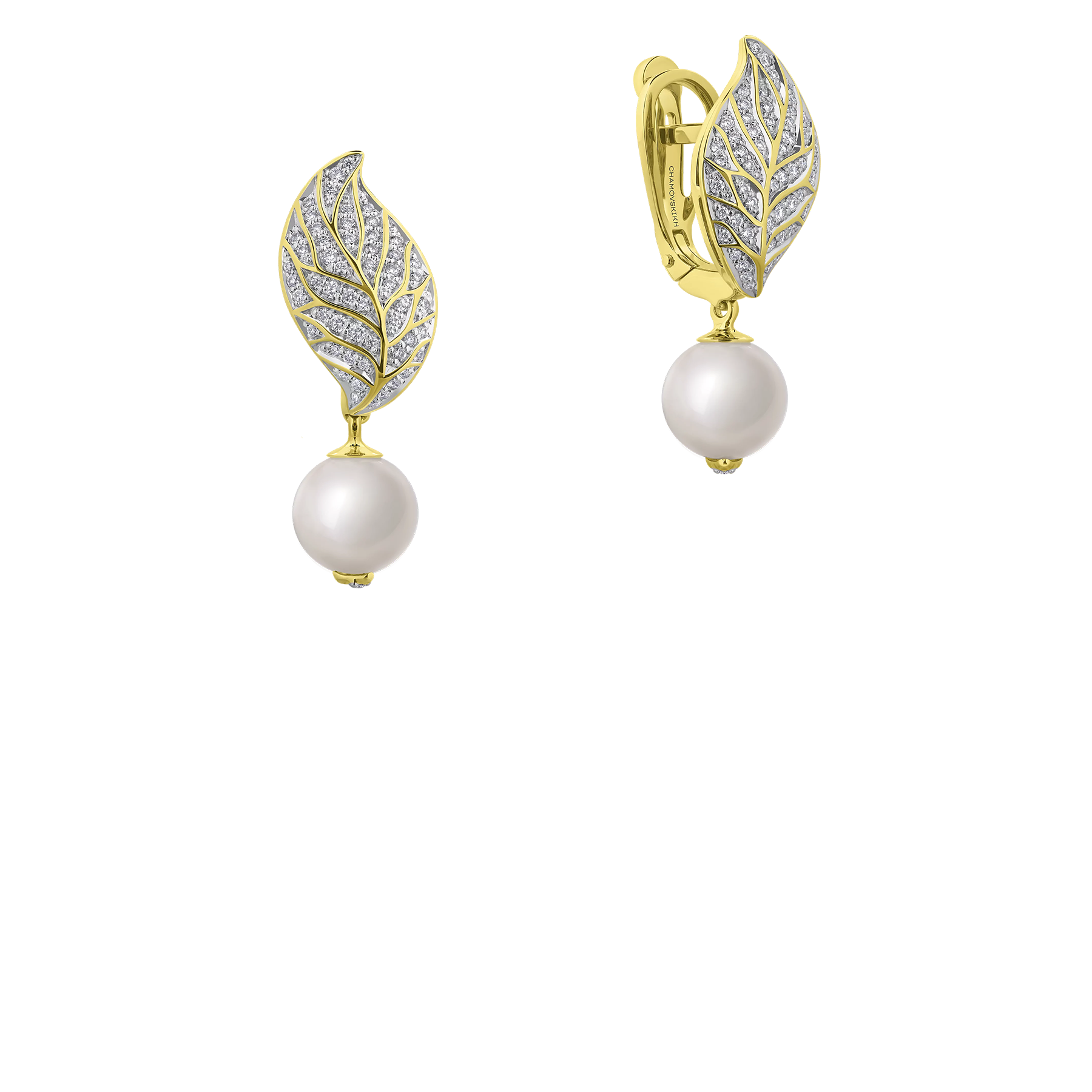 Серьги с жемчугом, бриллиантами, розовыми сапфирами и рубинами, желтое золото