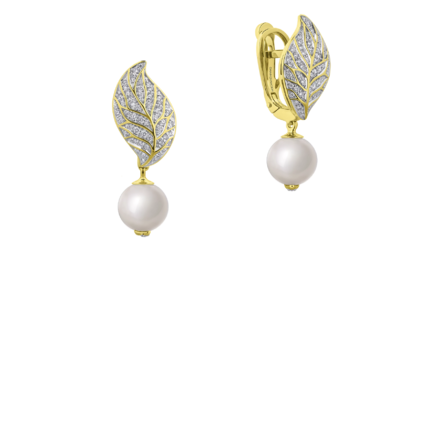 Серьги с жемчугом, бриллиантами, розовыми сапфирами и рубинами, желтое золото 2