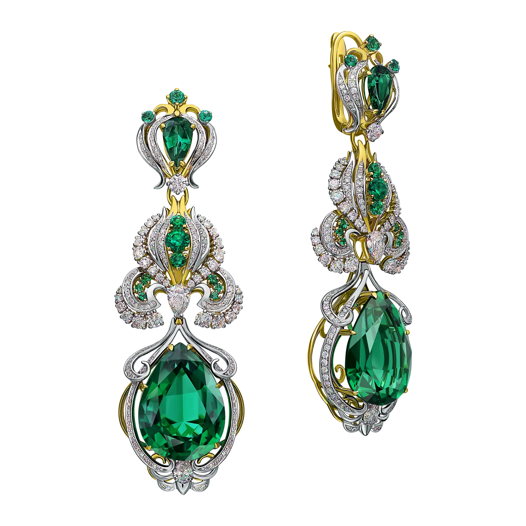 Серьги с изумрудами и бриллиантами, жёлтое и белое золото