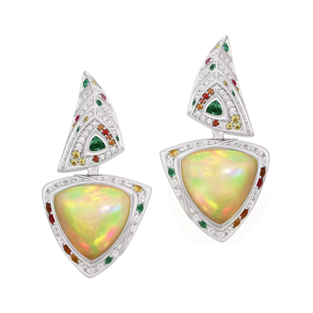 Серьги с опалами, бриллиантами, изумрудами и сапфирами, белое золото