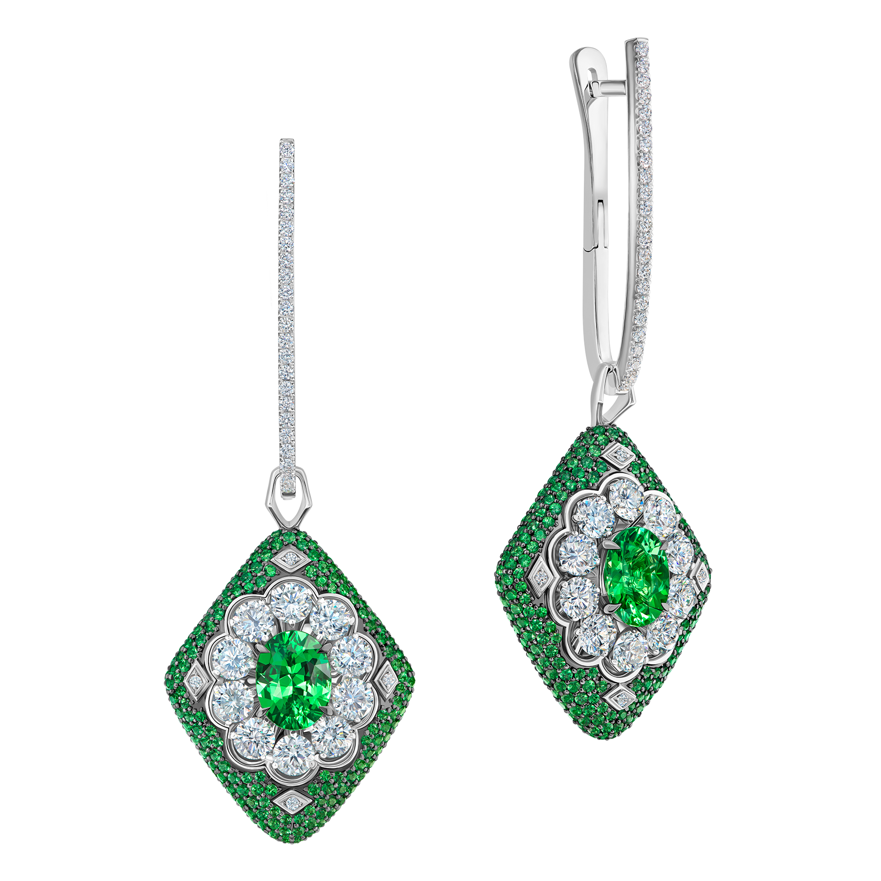 Серьги с тсаворитами и бриллиантами, белое золото