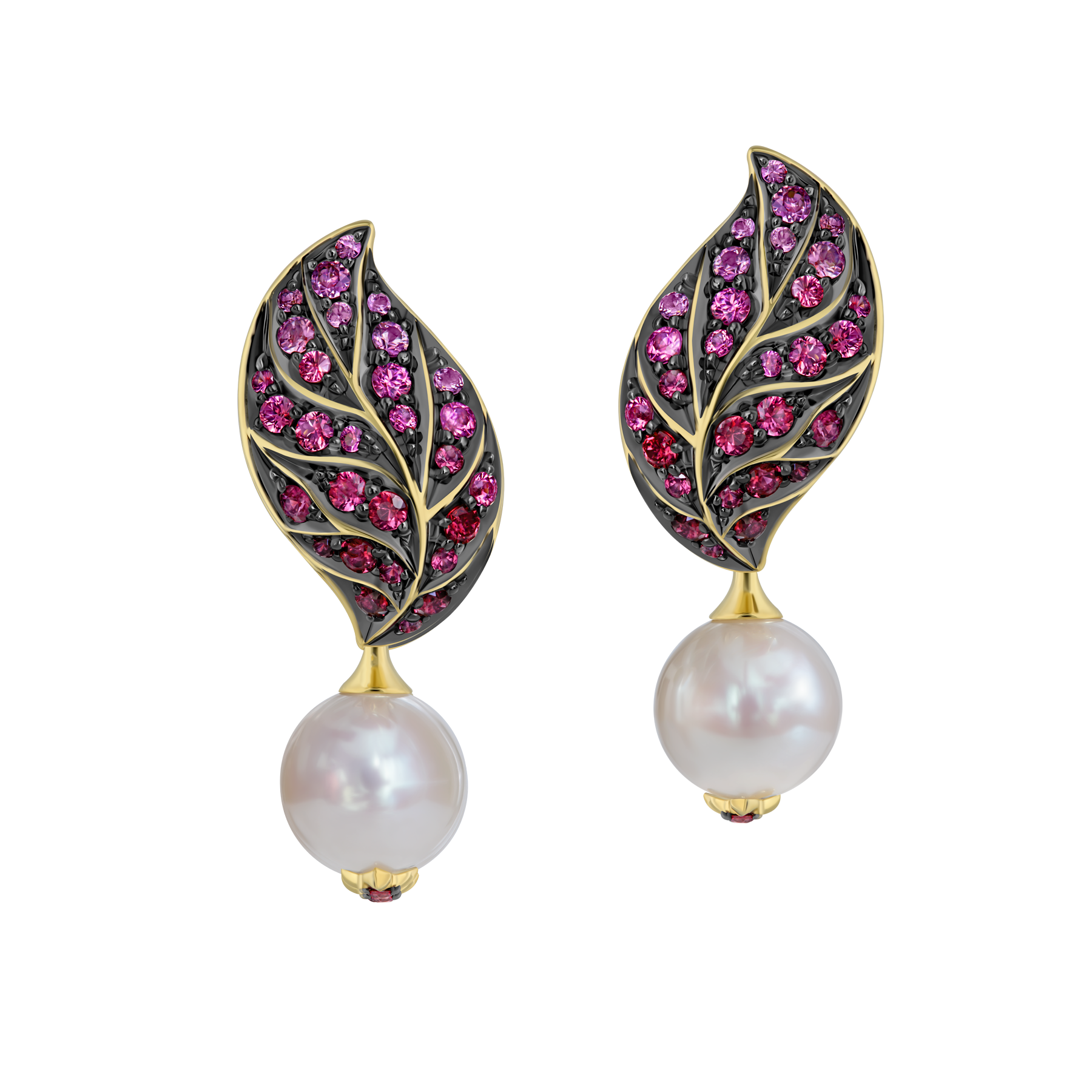 Серьги с жемчугом, рубинами и розовыми сапфирами, желтое золото