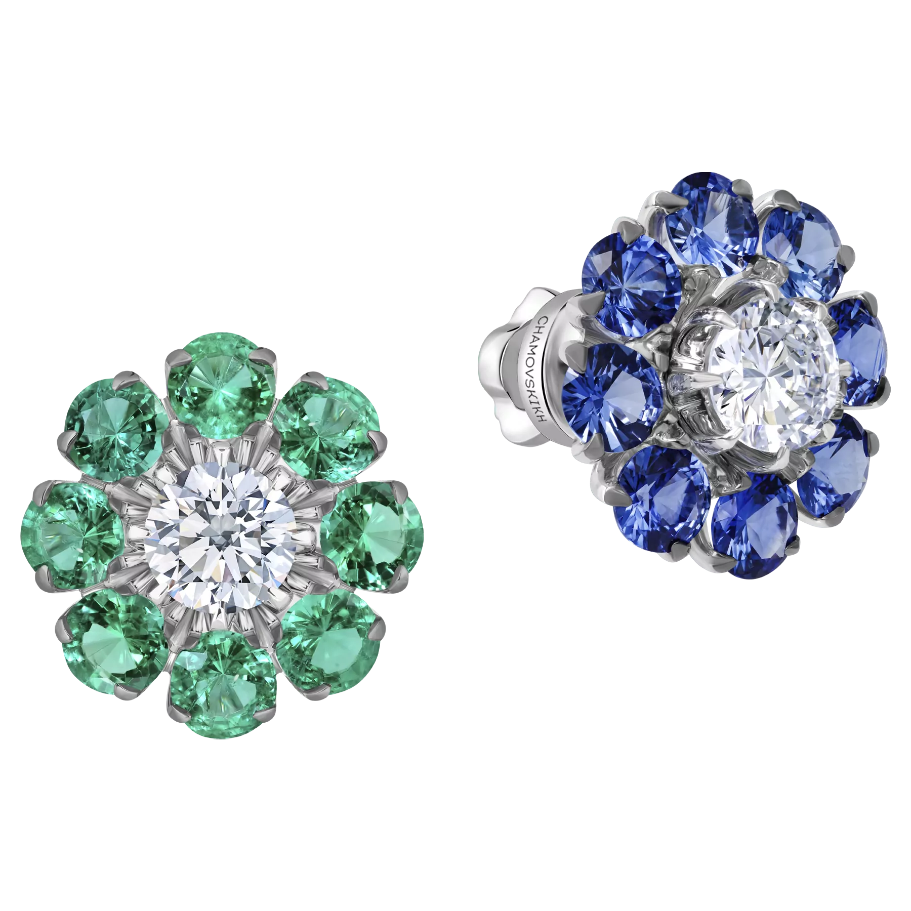 Пусеты с бриллиантами, сапфирами и изумрудами, белое золото