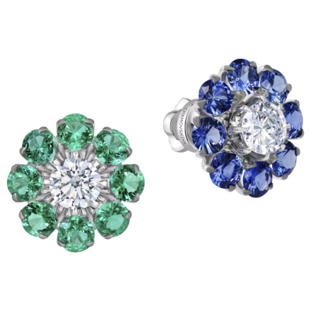 Пусеты с бриллиантами, сапфирами и изумрудами, белое золото
