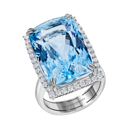 Кольцо с аквамарином и бриллиантами, белое золото