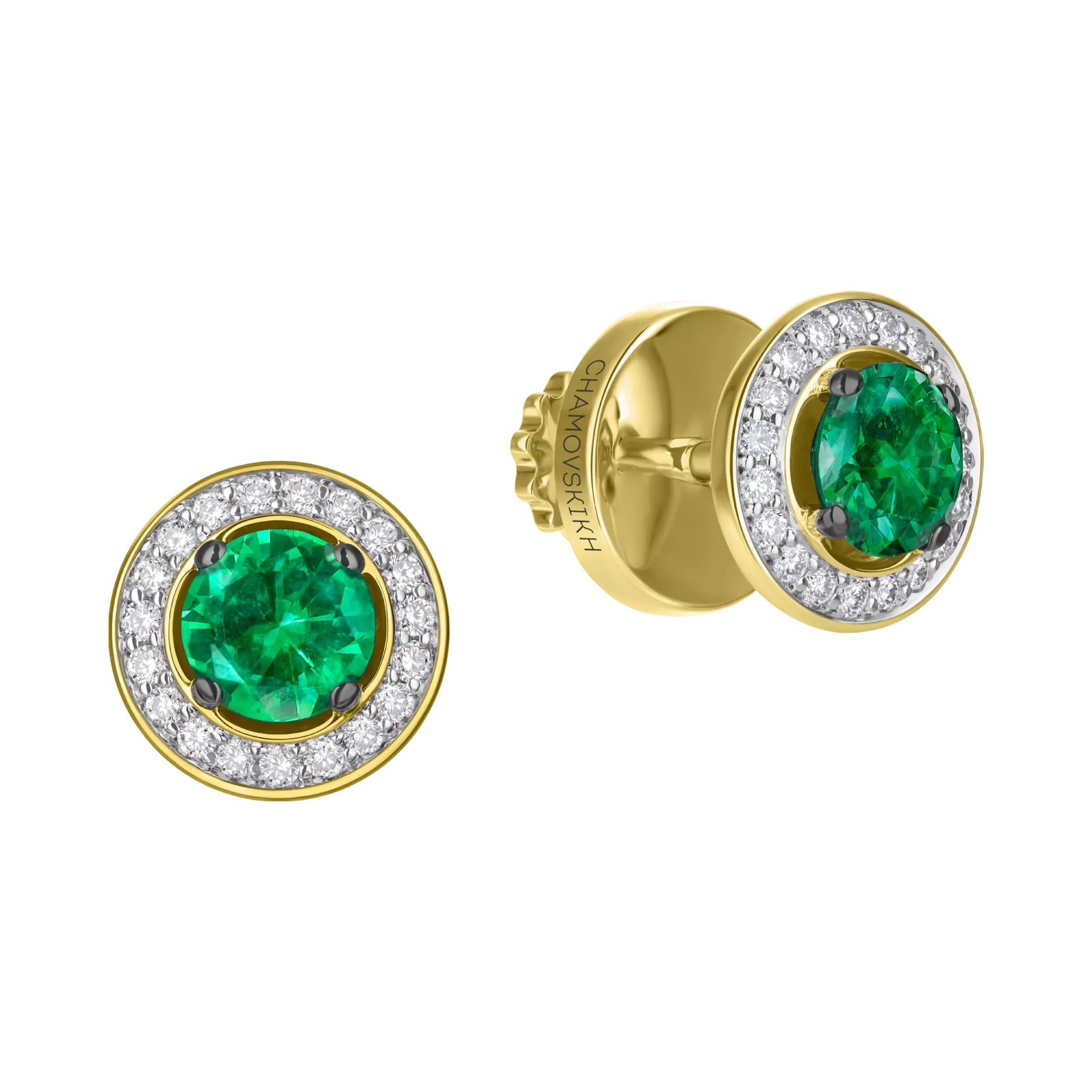 Пусеты с изумрудами и бриллиантами, жёлтое золото, н.керамика