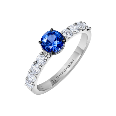 Помолвочное кольцо с сапфиром и бриллиантами, белое золото