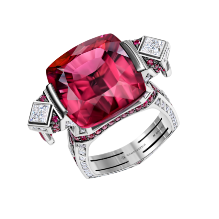 Кольцо с турмалином рубеллит, бриллиантами и рубинами, белое золото