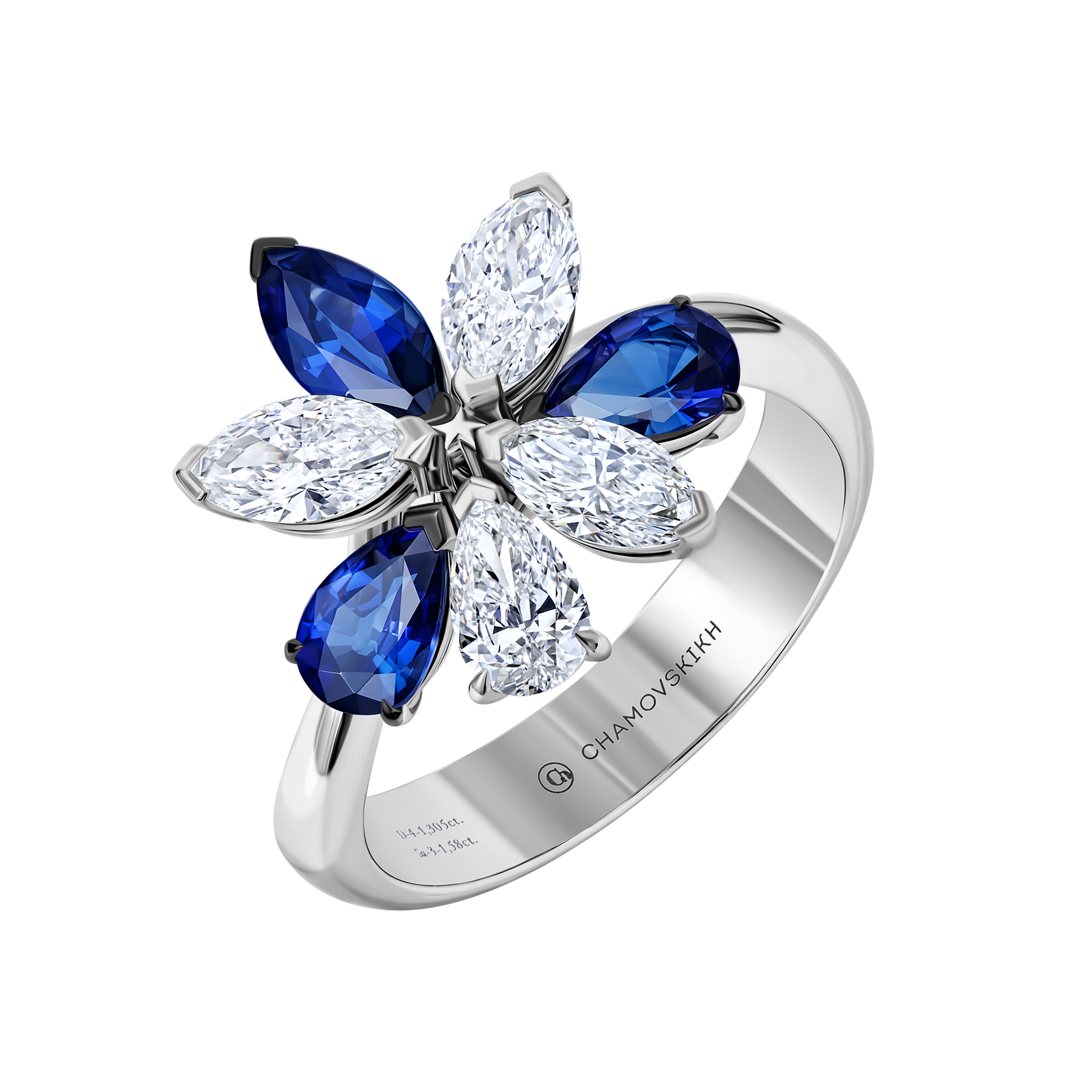 Кольцо с сапфирами и бриллиантами, белое золото