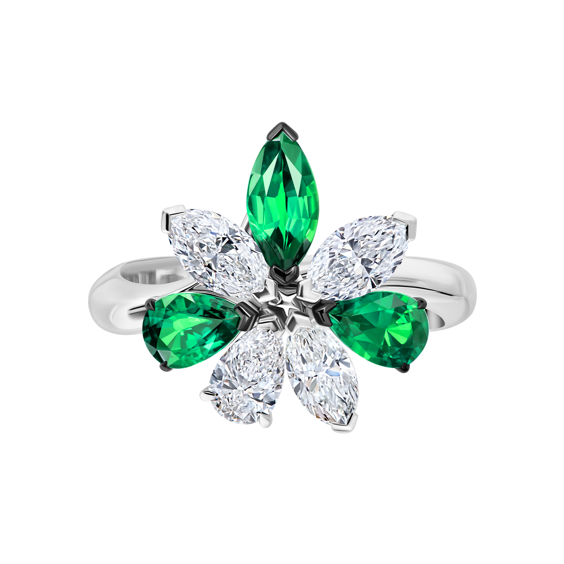 Кольцо с изумрудами и бриллиантами, белое золото