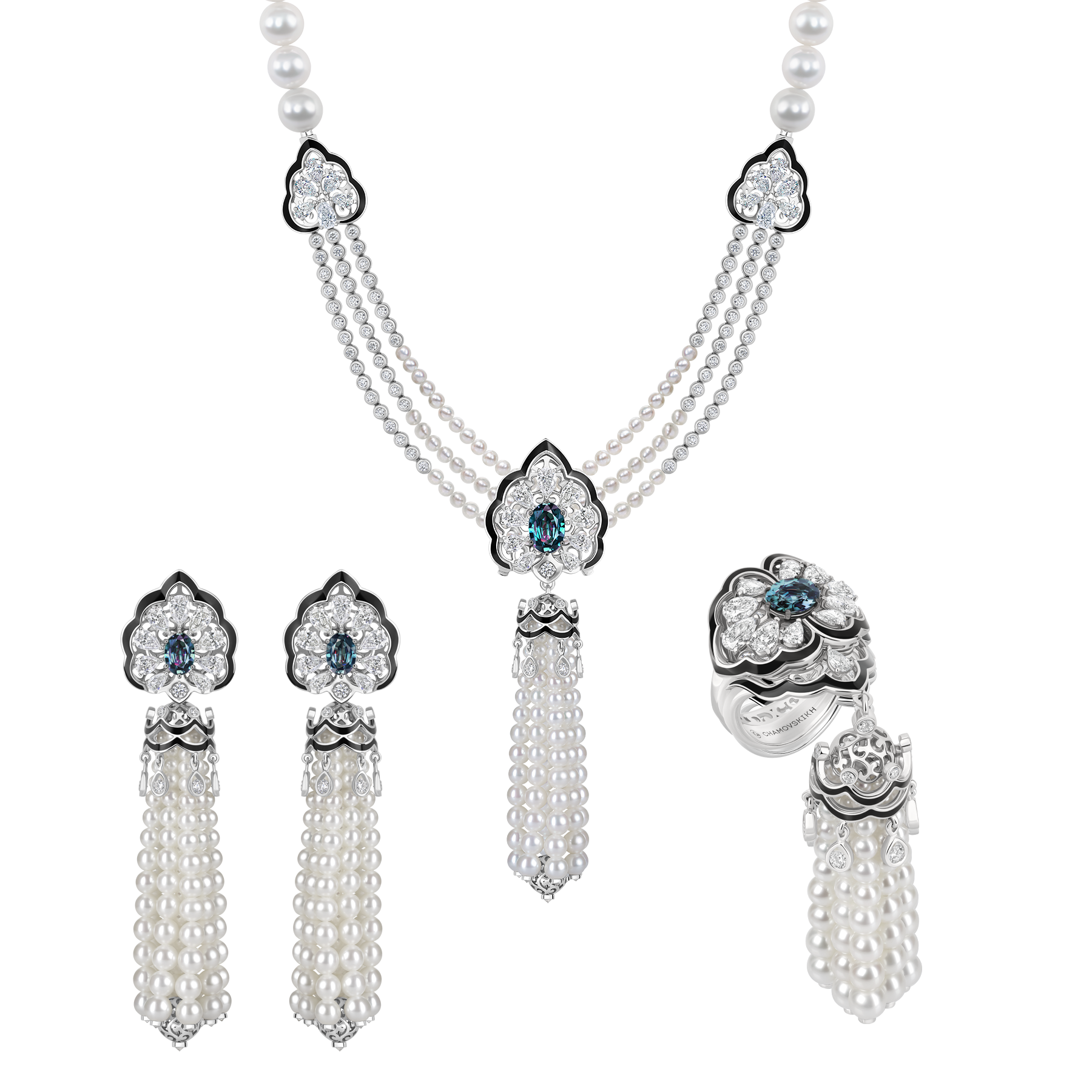 Сет с александритом, бриллиантами и жемчугом, белое золото, н.керамика
