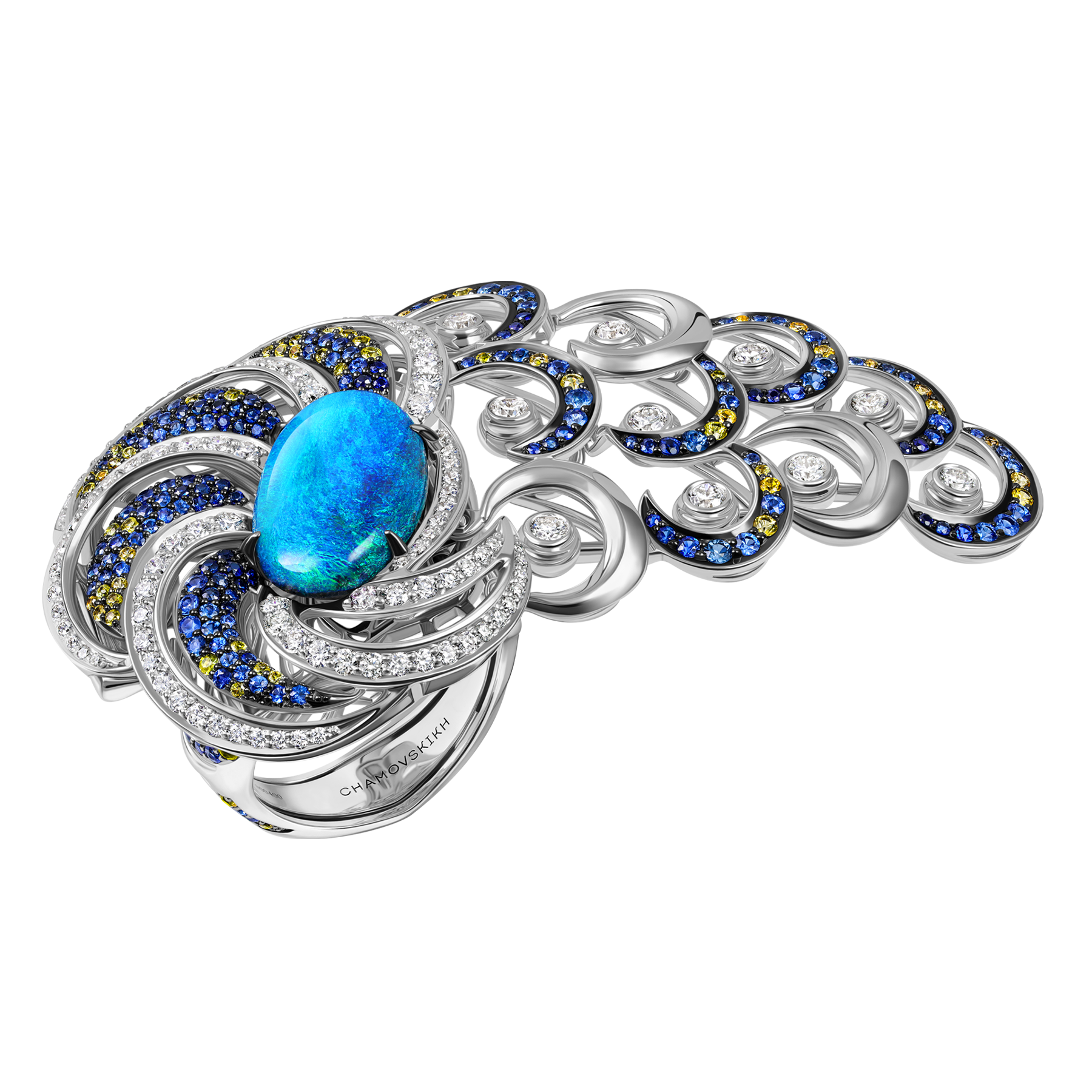 Кольцо с опалом, бриллиантами и сапфирами, белое золото