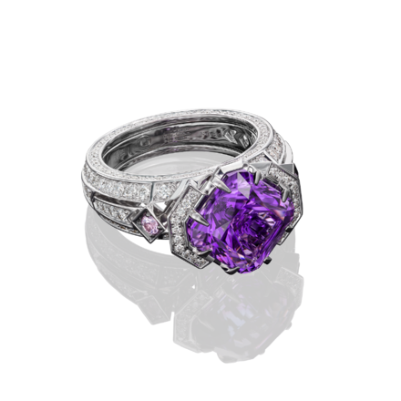 Кольцо с аметистом, бриллиантами и розовыми сапфирами, белое золото 2