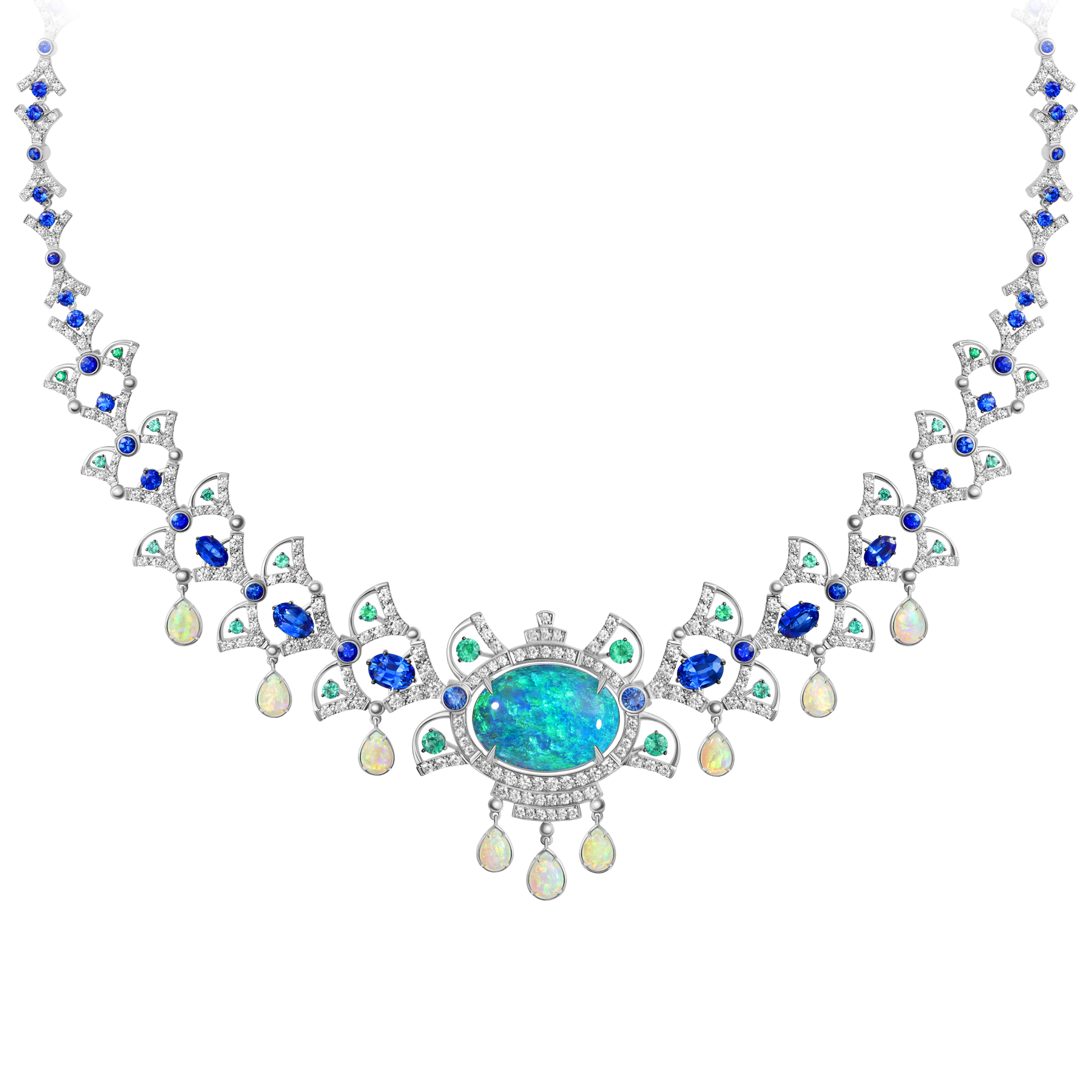 Колье с опалами, сапфирами, изумрудами и бриллиантами, белое золото