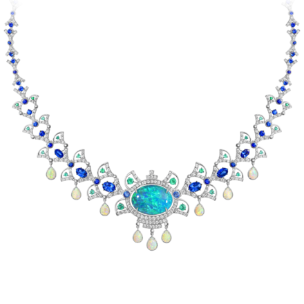 Колье с опалами, сапфирами, изумрудами и бриллиантами, белое золото
