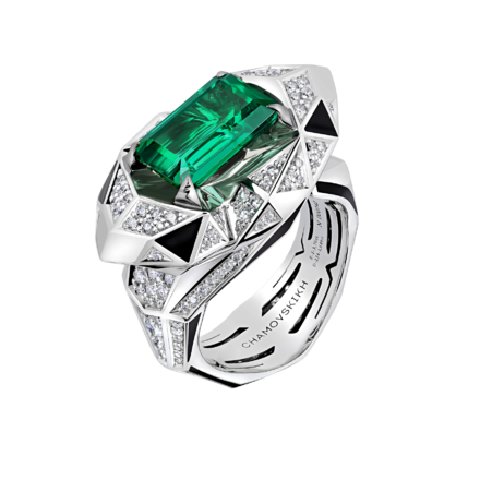 Кольцо с изумрудом и бриллиантами, белое золото, н.керамика