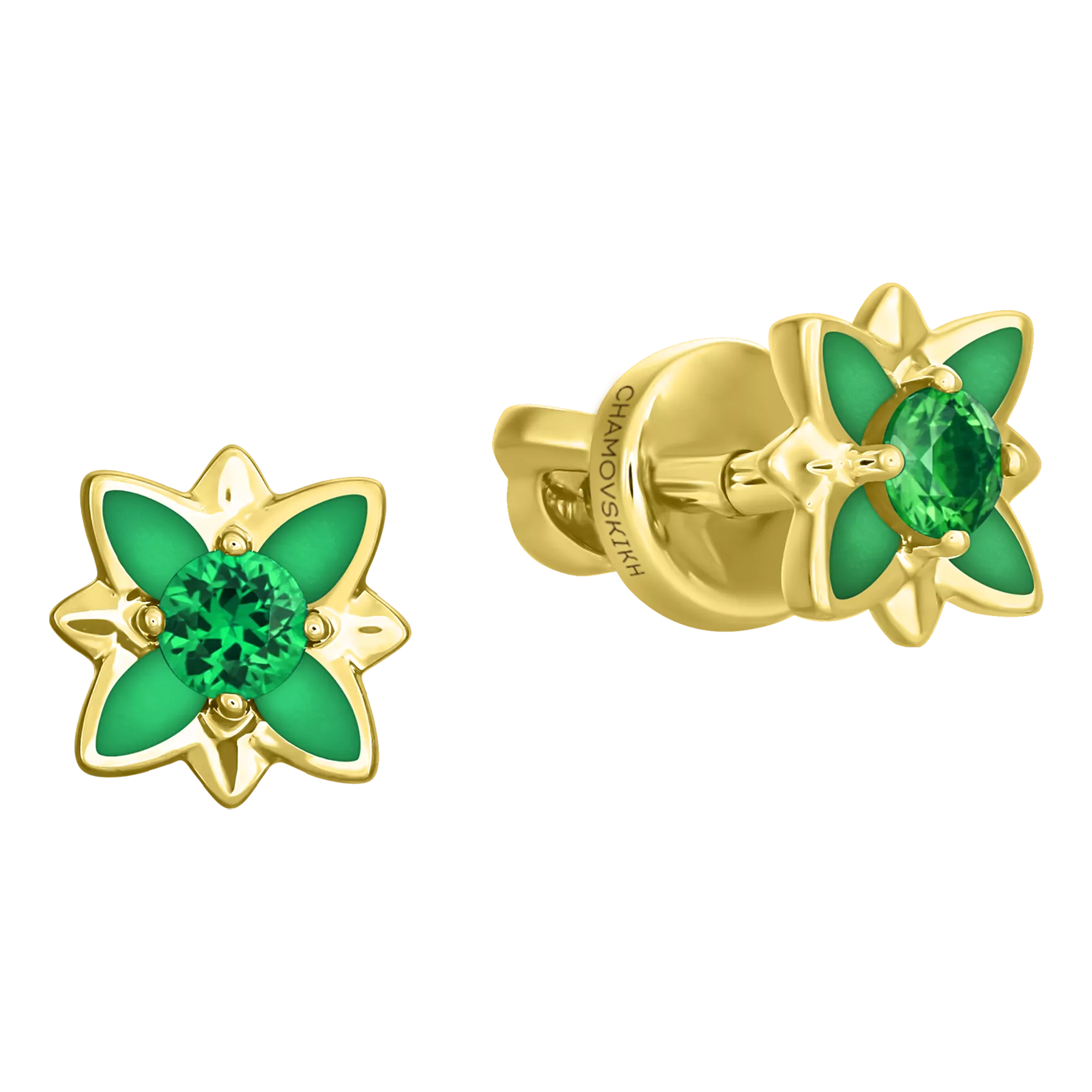 Пусеты с изумрудами, желтое золото, н.керамика