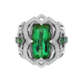 Кольцо с турмалином верделит, бриллиантами и изумрудами, белое золото