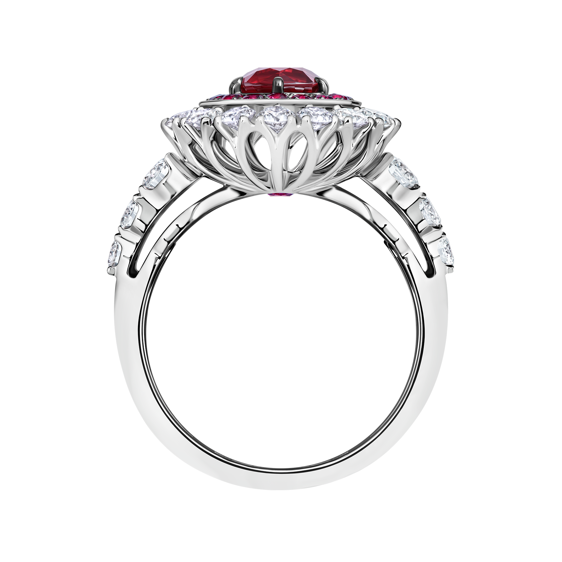 Кольцо с рубинами и бриллиантами, белое золото