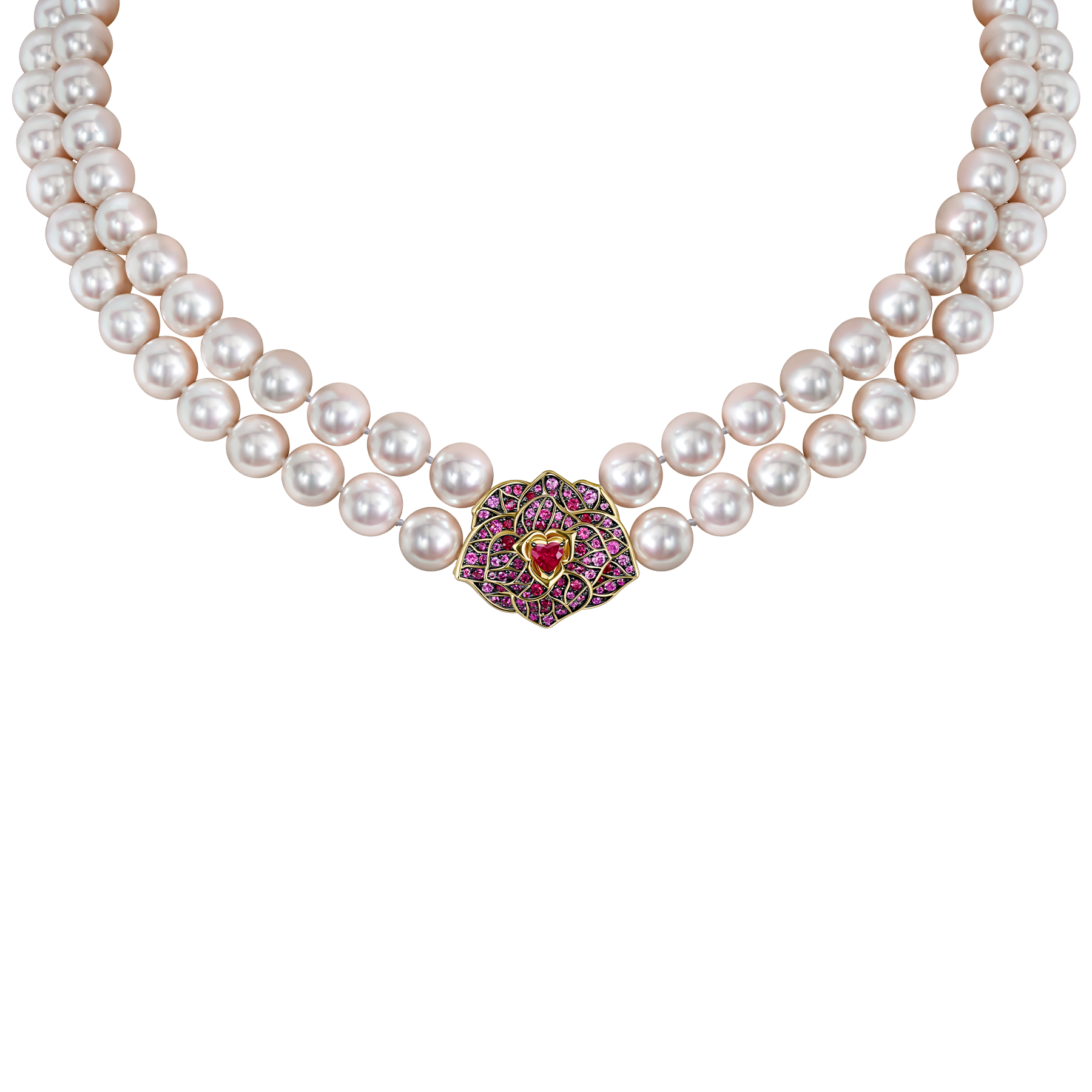 Колье с рубинами, розовыми сапфирами и жемчугом, желтое золото, нанокерамика