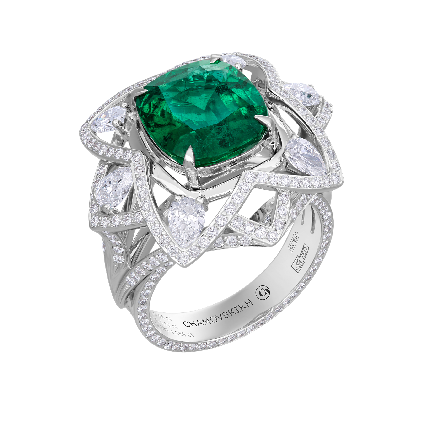 Кольцо с изумрудом и бриллиантами, белое золото