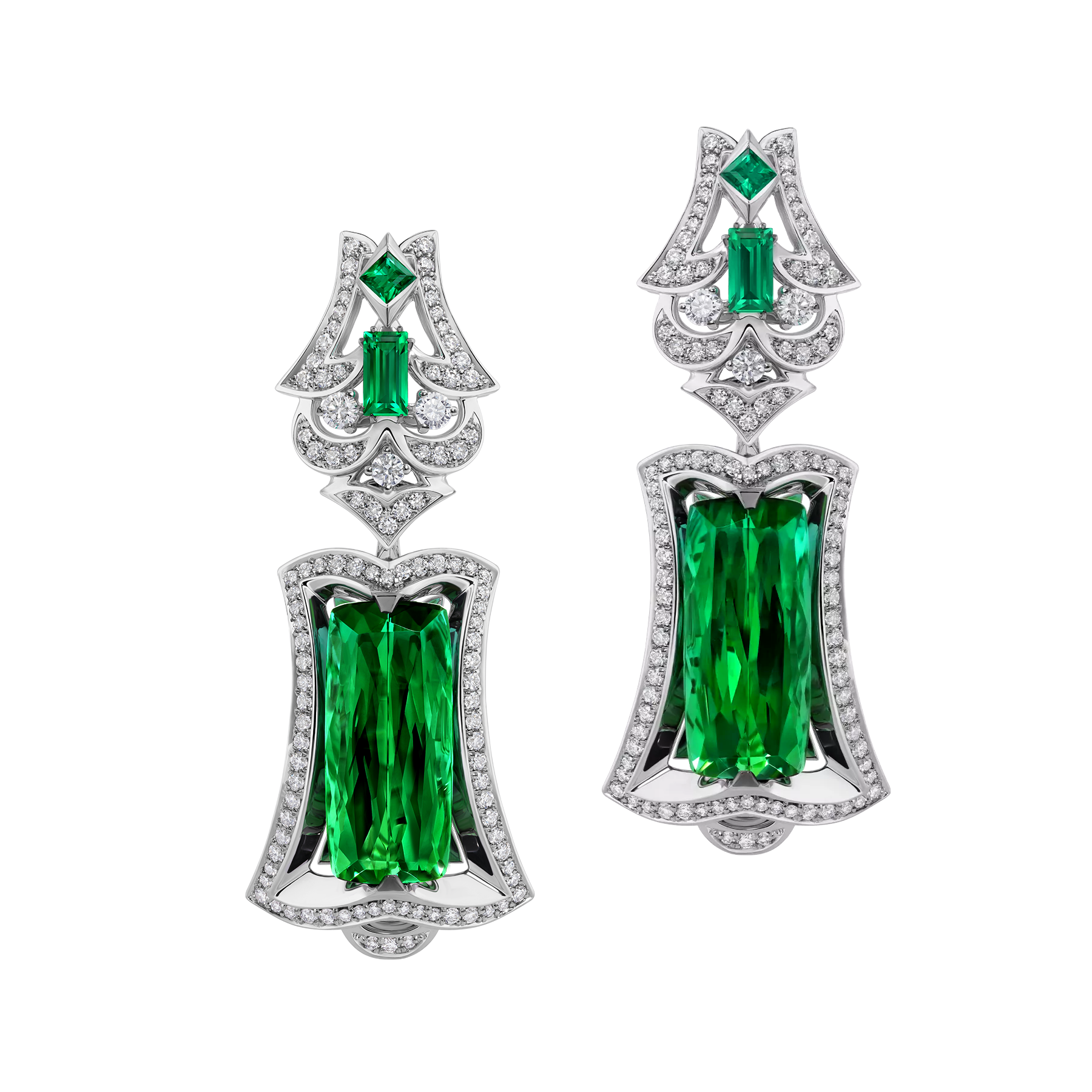 Серьги с турмалинами верделитами, бриллиантами и изумрудами, белое золото