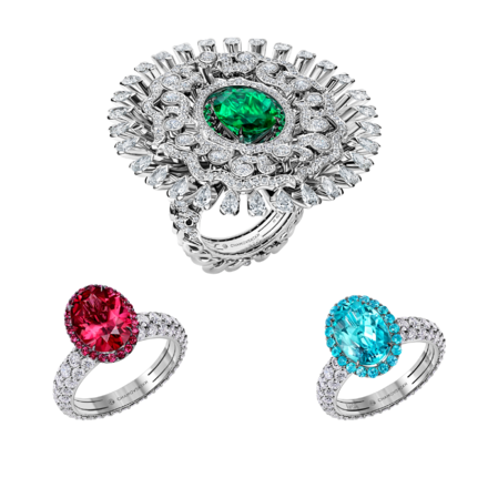 Кольцо с изумрудом, турмалином параиба, турмалином рубеллитом и бриллиантами, белое золото