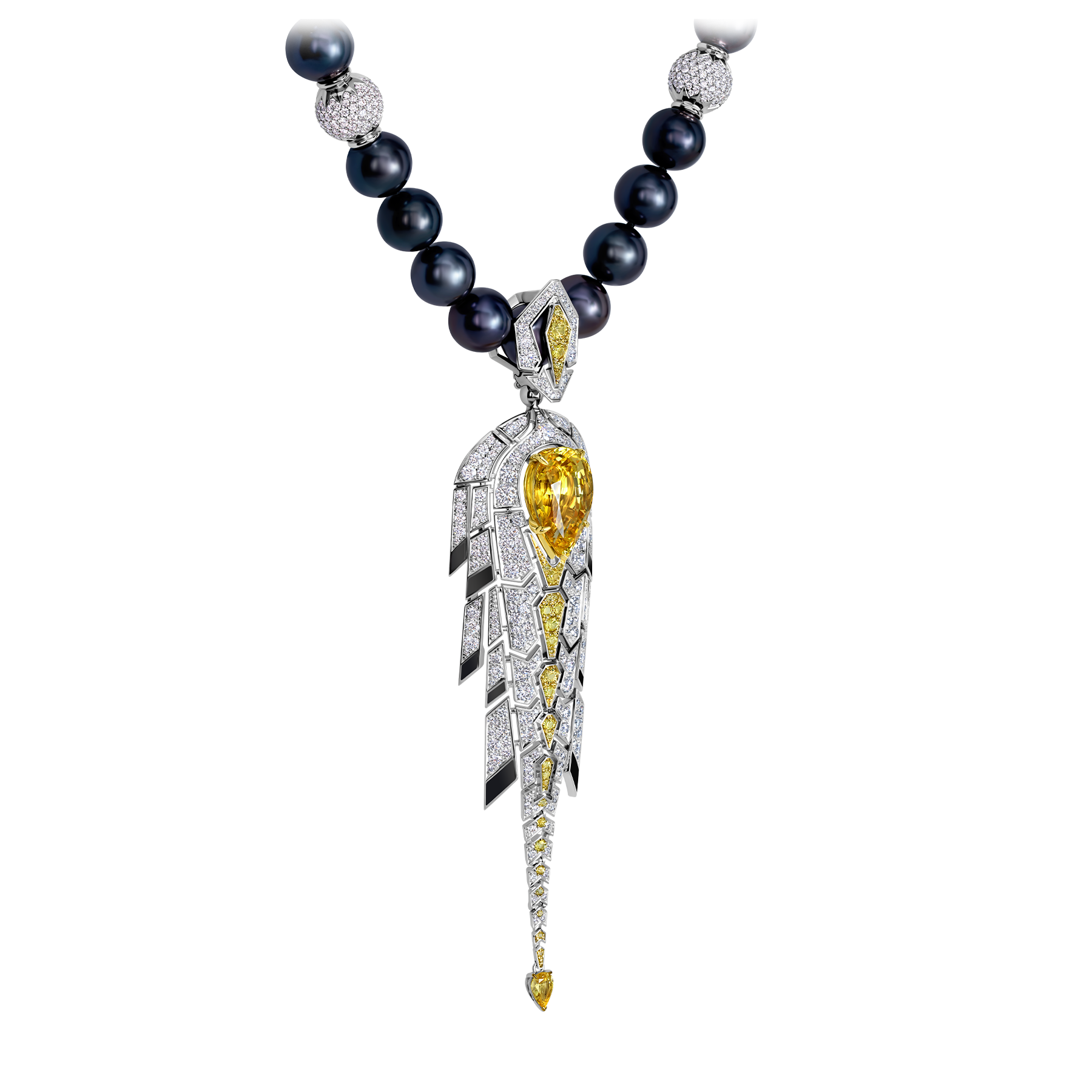 Колье с желтыми сапфирами, бриллиантами и жемчугом, белое золото, н.керамика