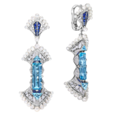 Серьги с аквамаринами, бриллиантами, сапфирами и жемчугом, белое золото, н.керамика