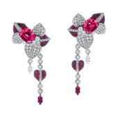 Серьги со шпинелью, рубинами и бриллиантами, белое золото