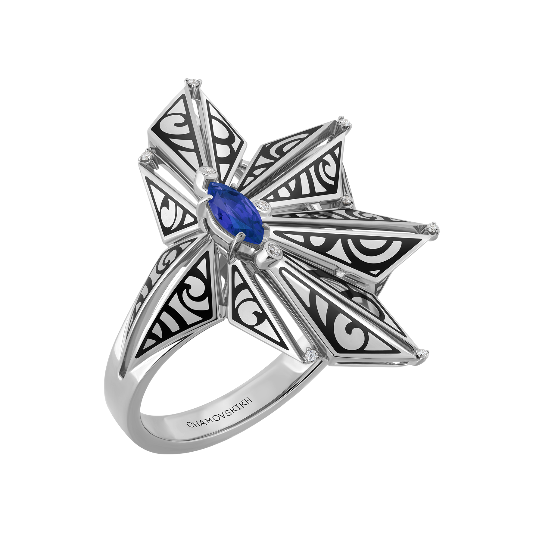 Кольцо с сапфиром и бриллиантами, белое золото, н.керамика