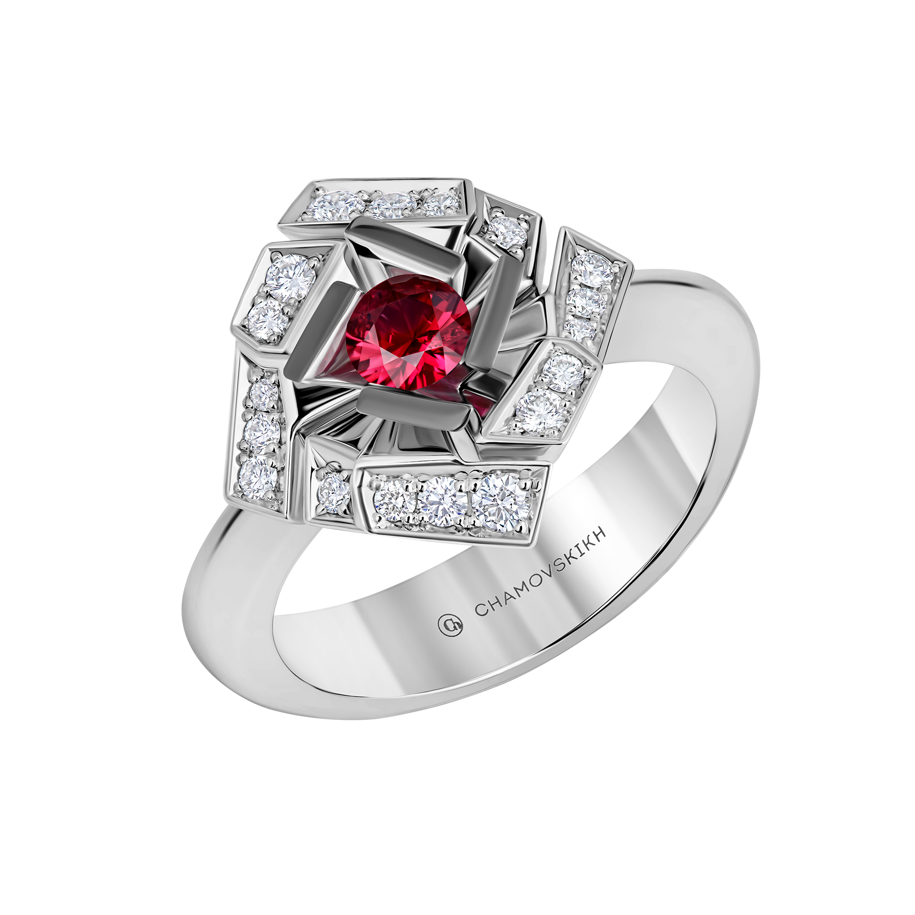 Кольцо с рубином и бриллиантами, белое золото