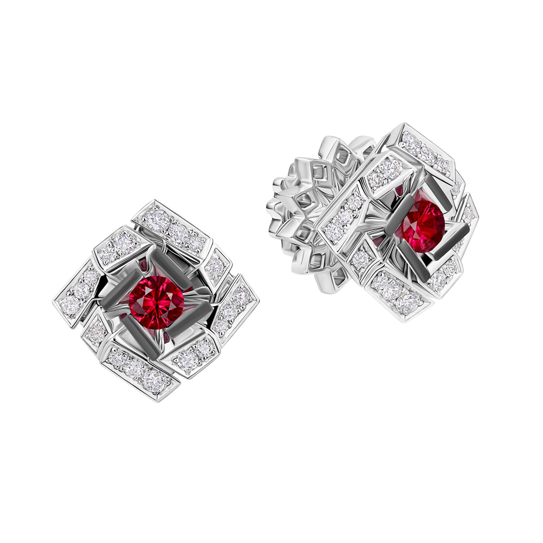 Пусеты с рубинами и бриллиантами, белое золото