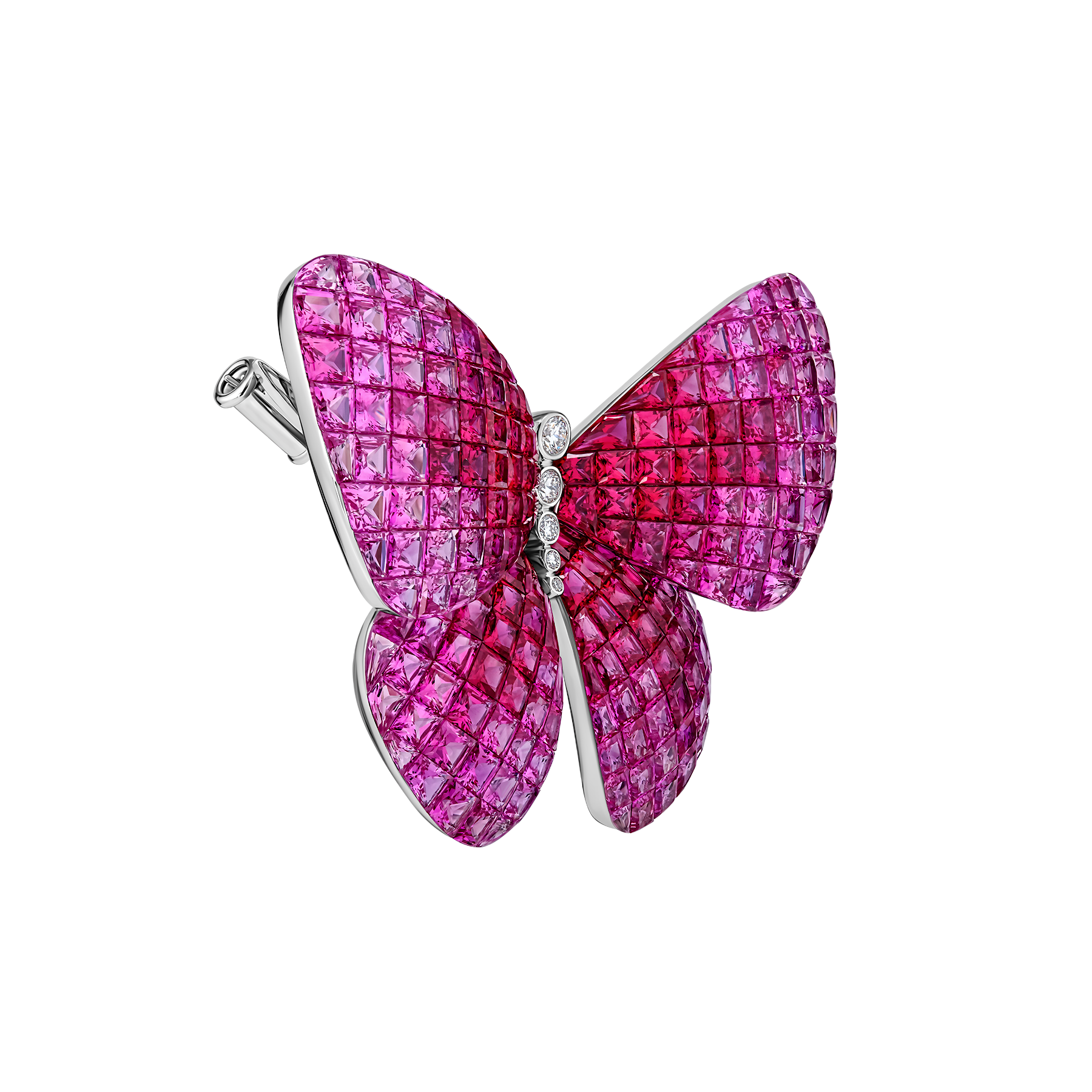Брошь с рубинами, розовыми сапфирами и бриллиантами, белое золото