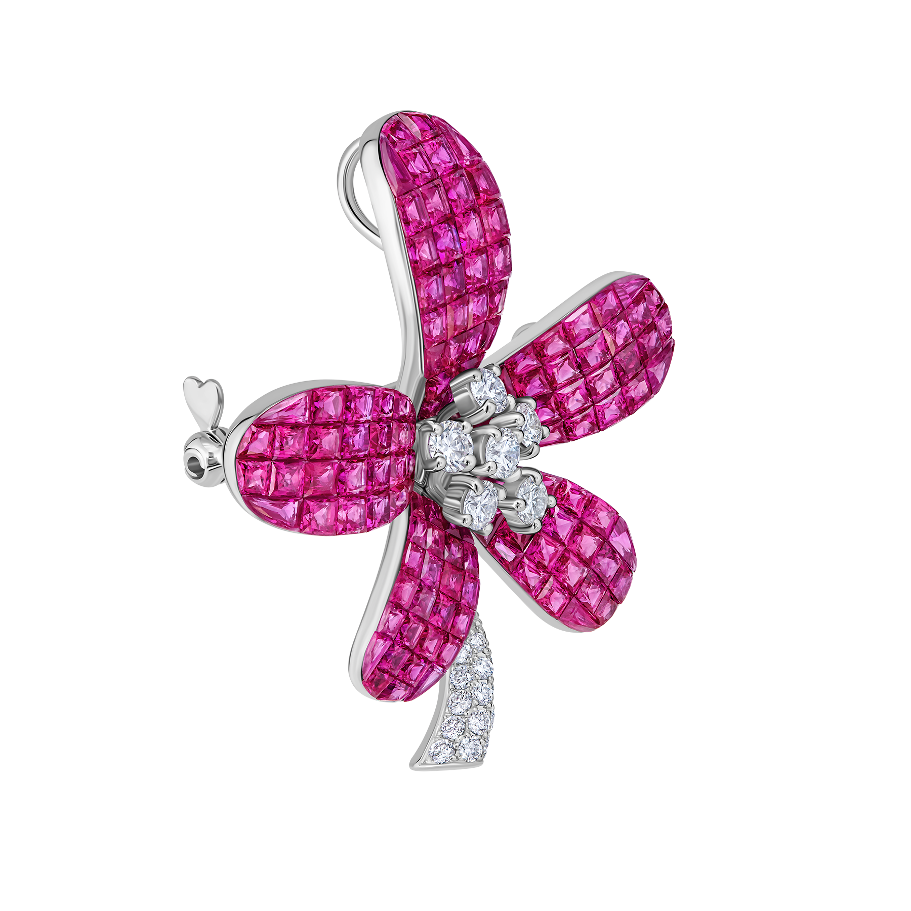 Брошь с рубинами и бриллиантами, белое золото